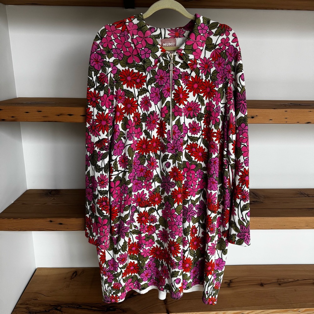 Mumu Floral Long Sleeve Tunic Dress Pink & Red Flowers Charlie collar dress XXL